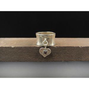 Size 8 Sterling Silver Garnet Heart Charm Wide Band Ring Vintage Statement